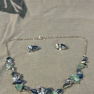 Elegant Blue and Green Leaf Necklace and Earring Set